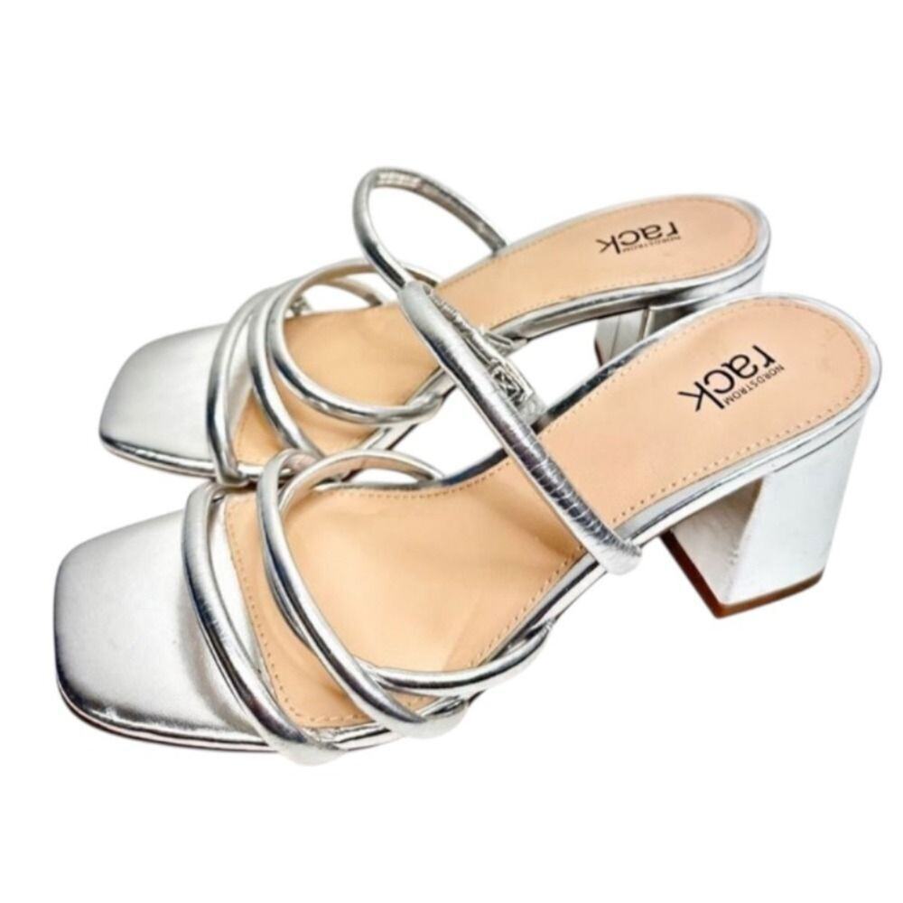 Nordstrom Rack Silver Metallic Strappy Square Toe Block Heel Sandals‎ Size 6
